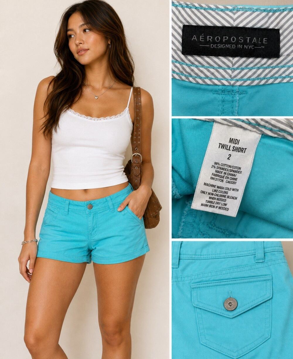 Aeropostale Midi Twill Shorts Size 2 Turquoise Cotton Coastal Preppy Summer